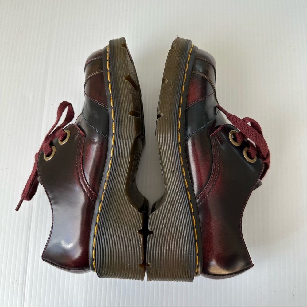 Dr. Martens Burgundy Red Platform Shoes with Yellow Stitching - Picture 11 of 15